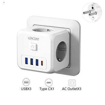 Розгалужувач мережі Lencent 3 розетки, 3 usb + 1 type C