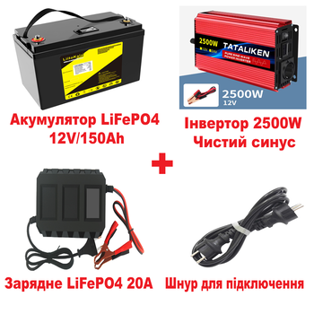Комплект резервного живлення (зарядна станція) №5: Інвертор 2500W + Акумулятор LiFePO4 12V 150Ah