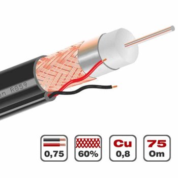 Коаксиальный кабель с питанием Dialan RG59 0.8+2x0,5 медь 305m