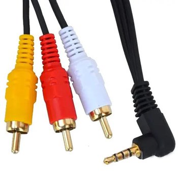 Шнур штекер 3,5мм (Джек) - 3RCA (Тюльпан), угловой (удлиненный), 1.8м, чёрный Шнур штекер 3,5мм (Джек) - 3RCA (Тюльпан), угловой (удлиненный), 1.8м, чёрный