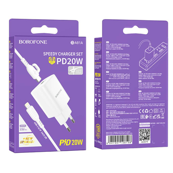 Зарядний пристрій Borofone BA81A 1USB-C PD/QC 20W+Type-C to Lightning (Бiлий)