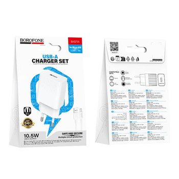 Зарядний пристрій Borofone BAS71A 1USB 2.1A+USB to Micro (Білий)