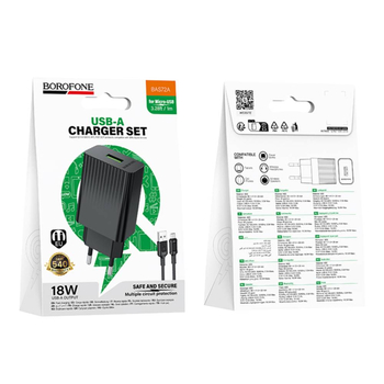 Зарядний пристрій Borofone BAS72A 1USB QC3.0 18W+USB to Micro (Чорний)