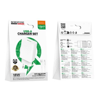 Зарядний пристрій Borofone BAS72A 1USB QC3.0 18W+USB to Micro (Білий) Зарядний пристрій Borofone BAS72A 1USB QC3.0 18W+USB to Micro (Білий)