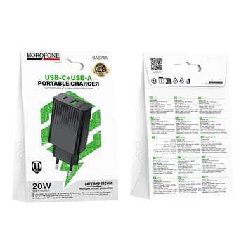 Зарядний пристрій Borofone BAS74A 1USB-C/1USB PD/QC 20W (Чорний) Зарядний пристрій Borofone BAS74A 1USB-C/1USB PD/QC 20W (Чорний)