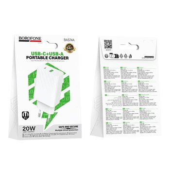 Зарядний пристрій Borofone BAS74A 1USB-C/1USB PD/QC 20W (Бiлий) Зарядний пристрій Borofone BAS74A 1USB-C/1USB PD/QC 20W (Бiлий)
