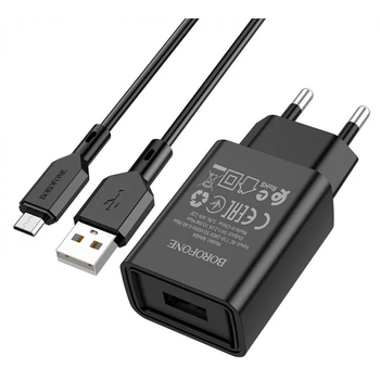 Зарядное устройство Borofone BA68A Glacier USB 2.1A Black (BA68AMB) + Кабель microUSB