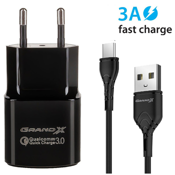 Зарядное устройство Grand-X (1USBx3А) QC3.0 Black (CH-550TC) + кабель USB Type-C